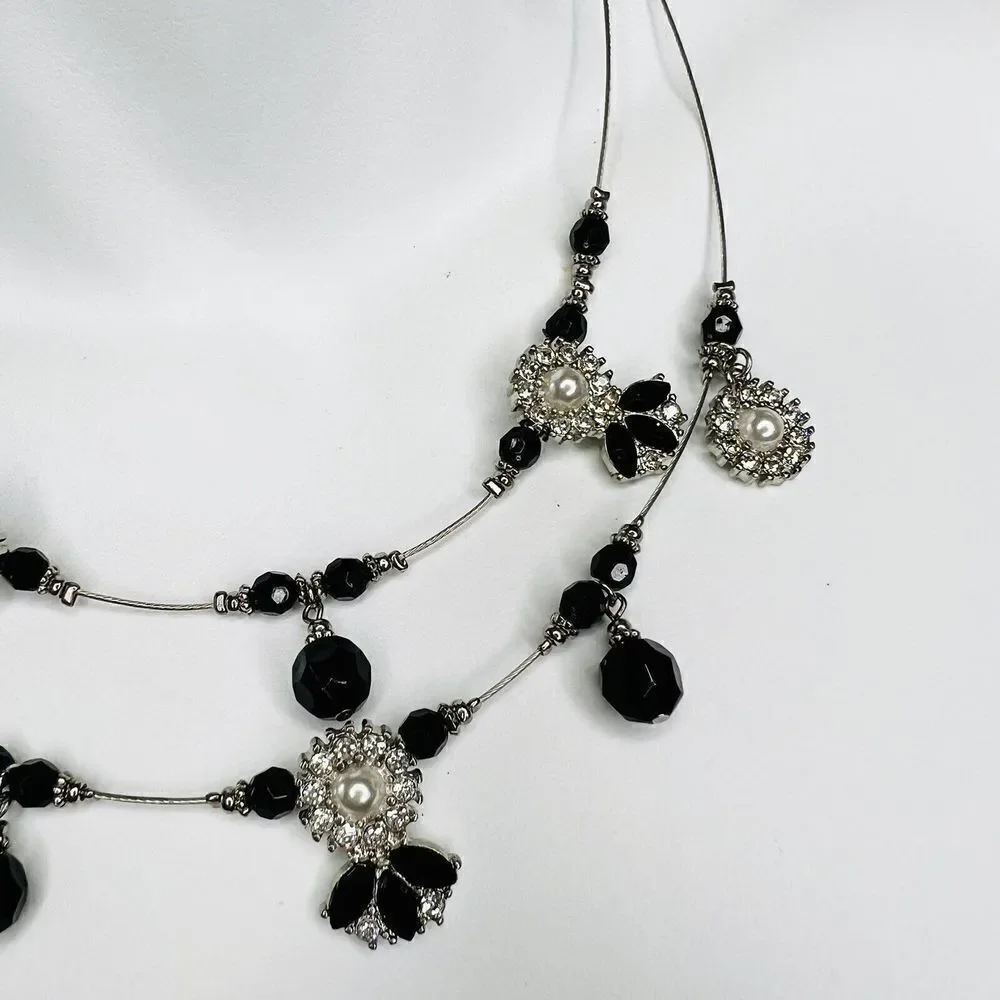 Ruby Rd. Two Strand Wire Layered Rhinestone Necklace Silver Black Tone 4448